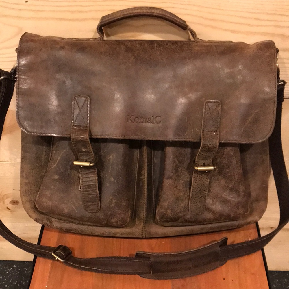 KomalC leather messenger laptop bag case. Adjustable strap
